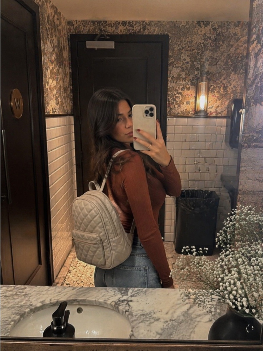 Quilted Leather Backpack Taupe Gold Chain Strap Zip Pocket Chic Bag